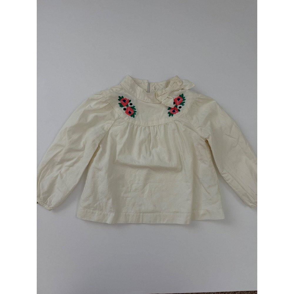Janie and Jack Girls 2T Ivory Blouse Floral Embroidered Bow Gold Button Top